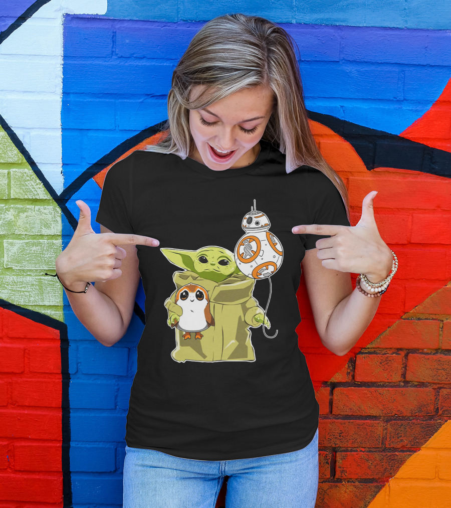 Baby Yoda Hug Sad Porg With BB-8 Balloon T-Shirt