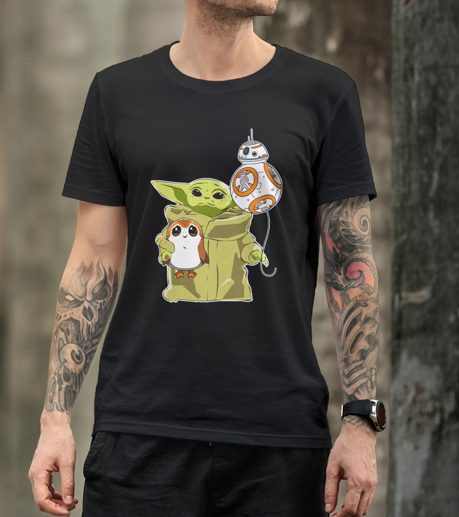 Baby Yoda Hug Sad Porg With BB-8 Balloon T-Shirt