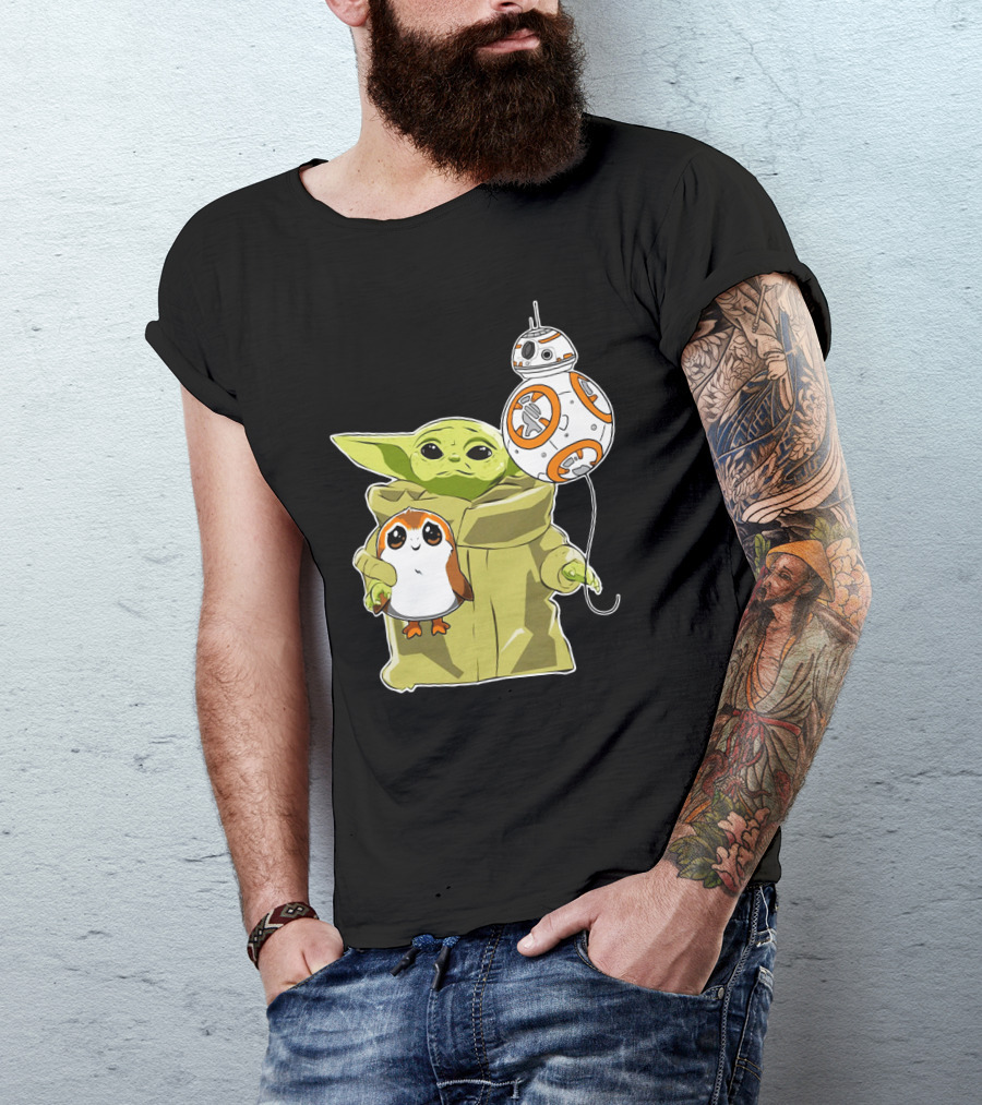 Baby Yoda Hug Sad Porg With BB-8 Balloon T-Shirt