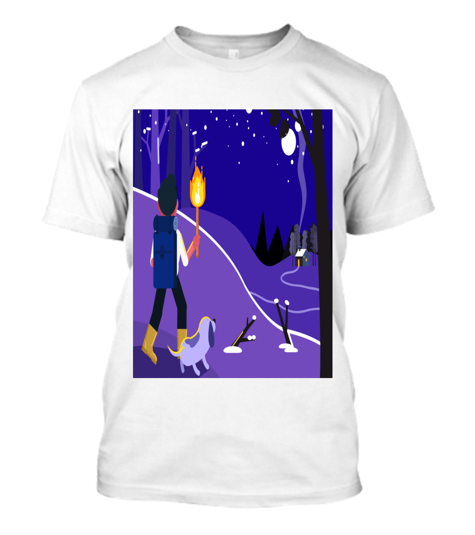 Nighttime Hiker With Backpack And Dog Under Moonlit Sky T-Shirt