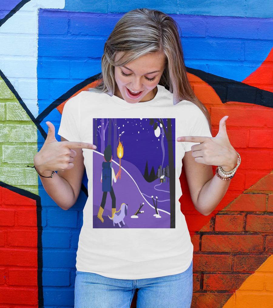 Nighttime Hiker With Backpack And Dog Under Moonlit Sky T-Shirt