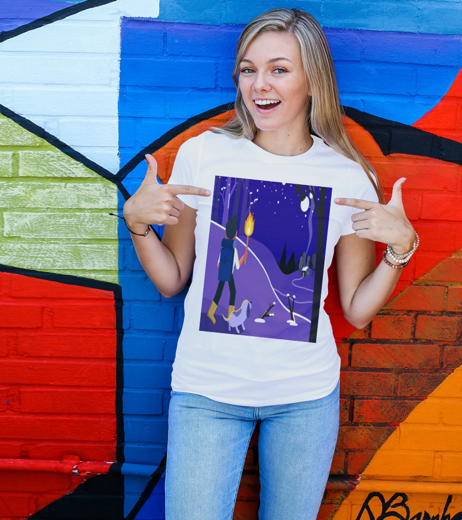 Nighttime Hiker With Backpack And Dog Under Moonlit Sky T-Shirt