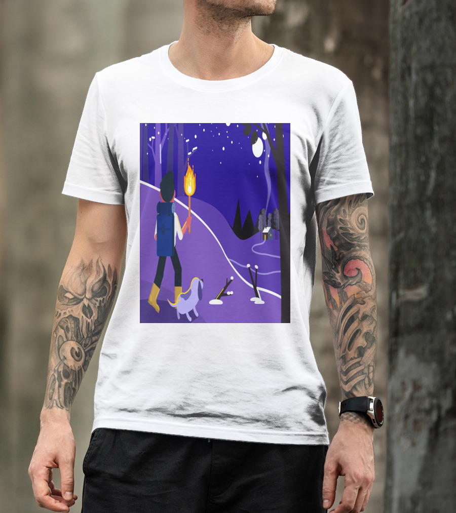 Nighttime Hiker With Backpack And Dog Under Moonlit Sky T-Shirt