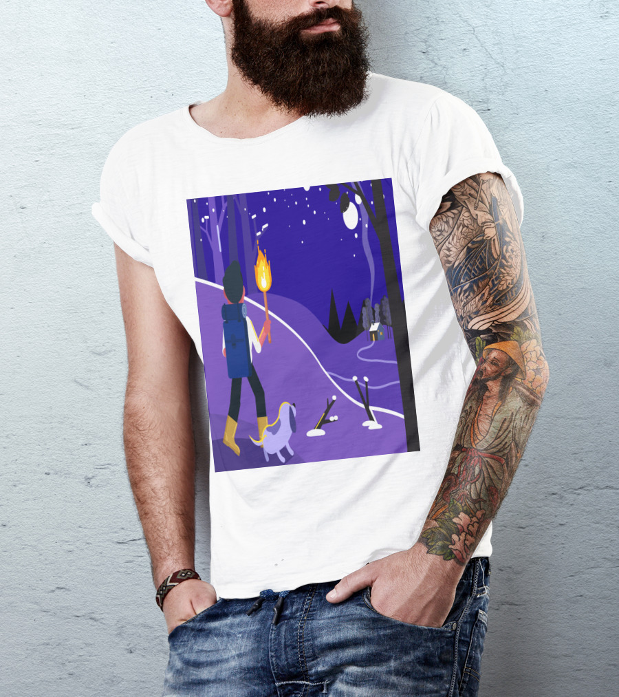 Nighttime Hiker With Backpack And Dog Under Moonlit Sky T-Shirt