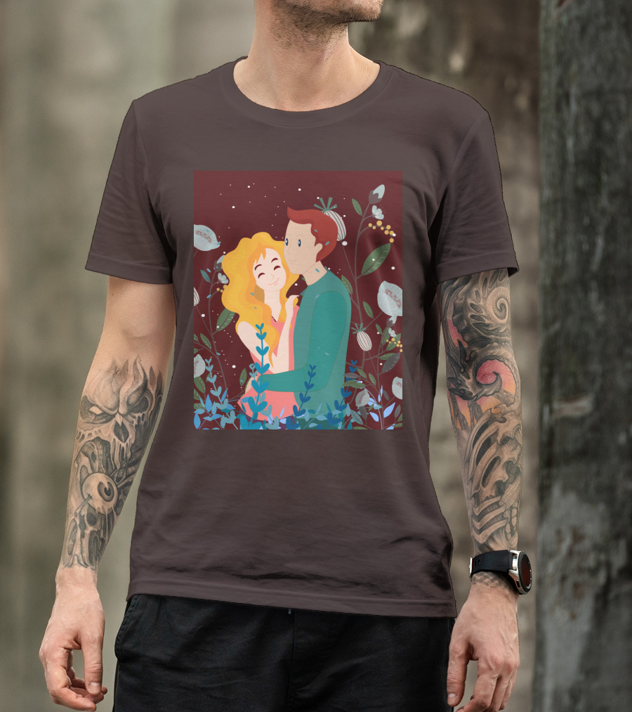 Lover Dating Romantic Embrace Amidst Floral Background T-Shirt