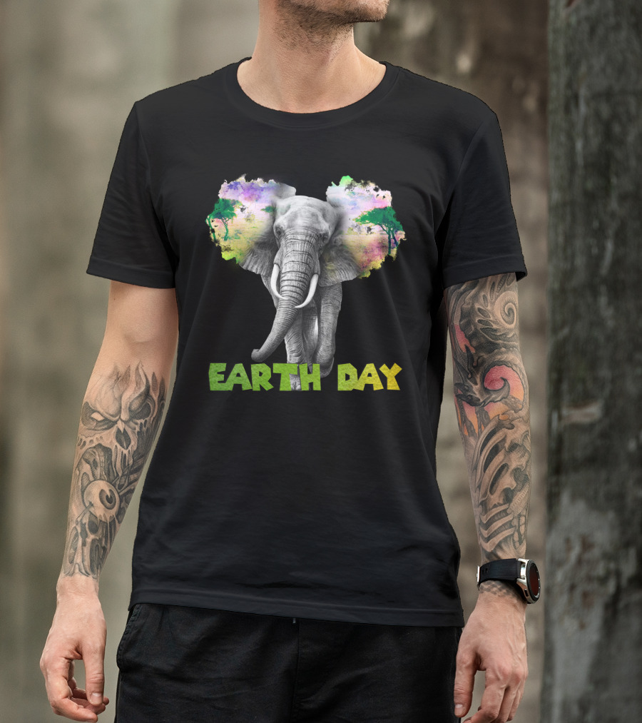 Earth Day Elephant With Vibrant Nature Trees And Colors T-Shirt