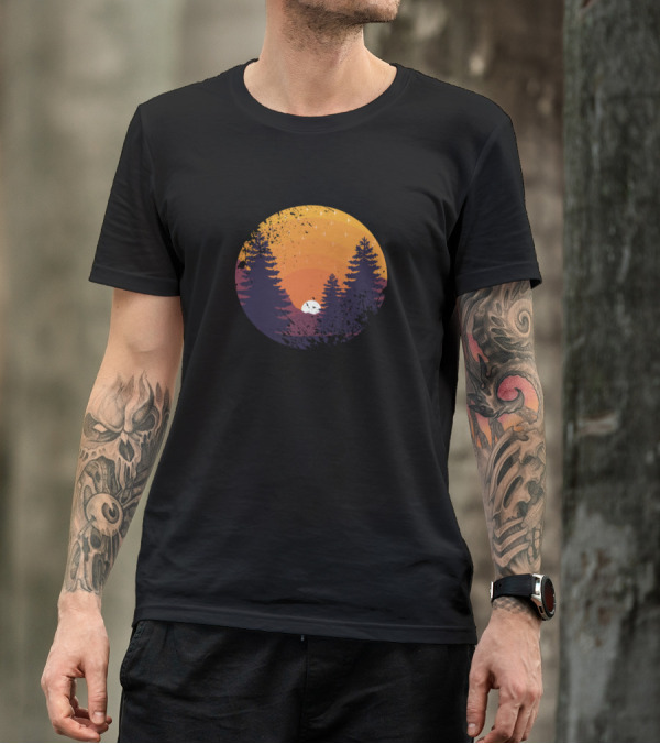 Forest Sunset With Trees And Mountains Hikers Mountaineers T-Shirt