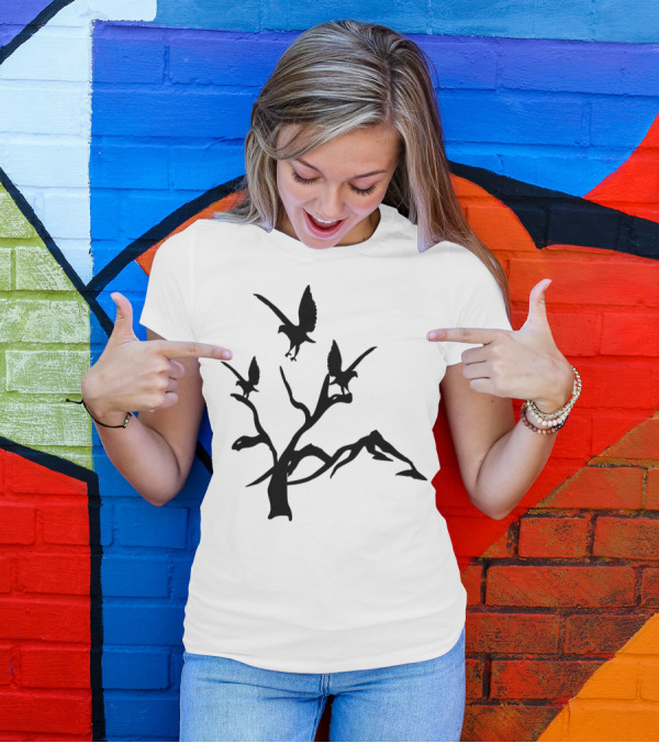 Eagle Silhouettes On Branches Against Mountainous Landscape T-Shirt