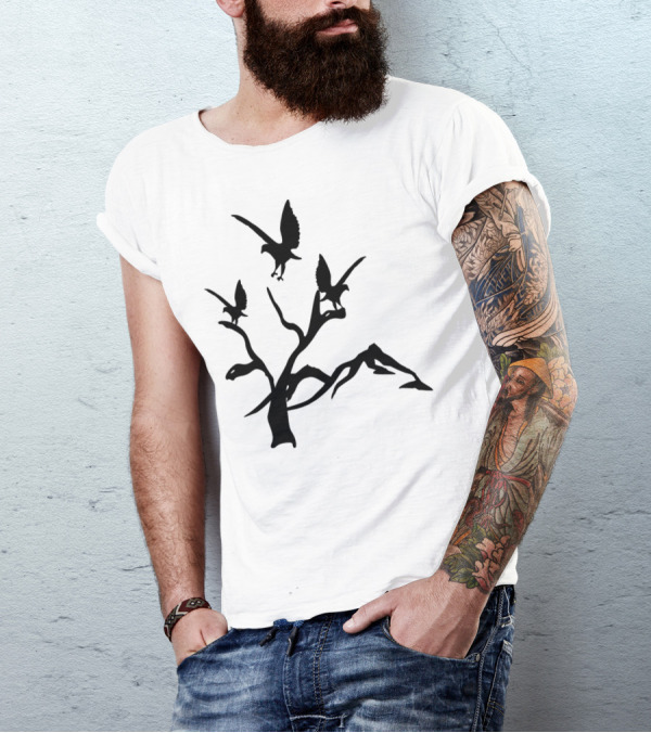 Eagle Silhouettes On Branches Against Mountainous Landscape T-Shirt