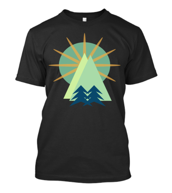 Geometric Mountain Range Sunburst And Evergreen Forest T-Shirt