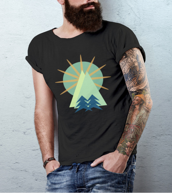 Geometric Mountain Range Sunburst And Evergreen Forest T-Shirt