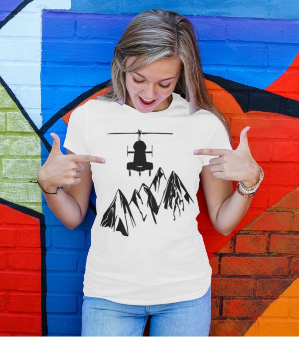 Helicopter Silhouette Above Mountain Peaks T-Shirt