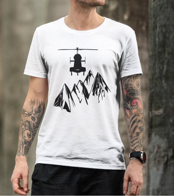 Helicopter Silhouette Above Mountain Peaks T-Shirt