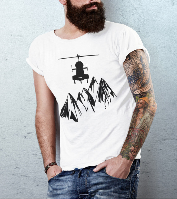 Helicopter Silhouette Above Mountain Peaks T-Shirt