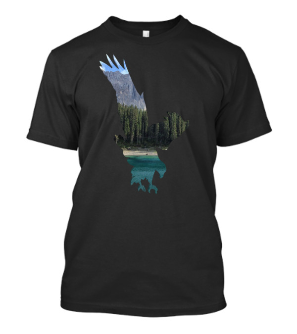 Eagle Silhouette Overlooking Mountain Forest And Lake Landscape T-Shirt