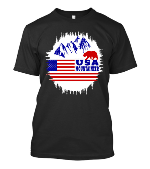 USA Mountaineer Bear And Flag Mountain Scene T-Shirt