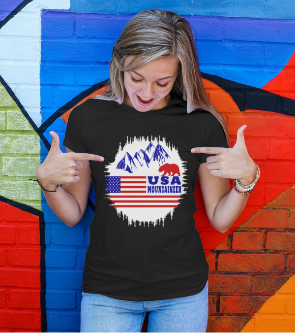 USA Mountaineer Bear And Flag Mountain Scene T-Shirt