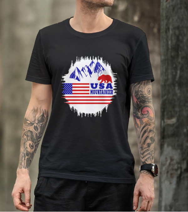 USA Mountaineer Bear And Flag Mountain Scene T-Shirt