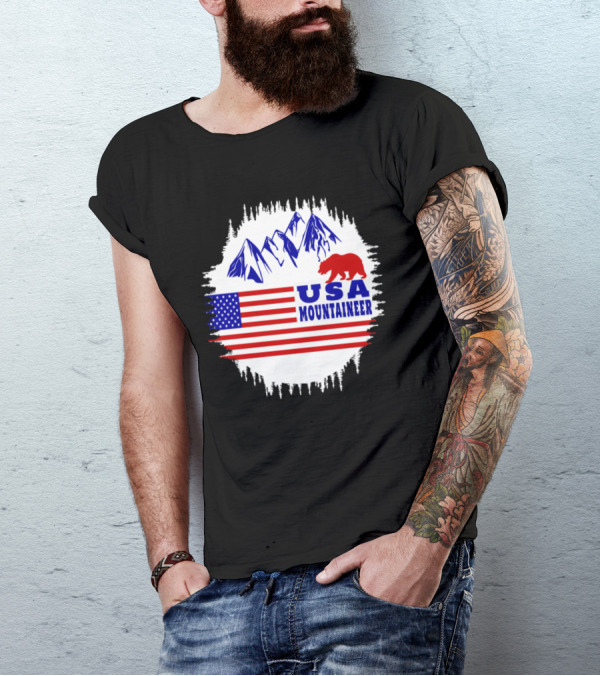 USA Mountaineer Bear And Flag Mountain Scene T-Shirt