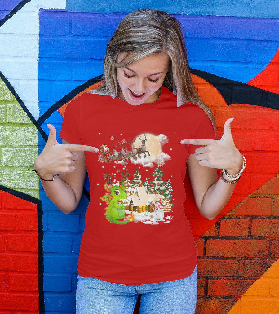 Santa's Sleigh Ride Over Snowy Village With Festive Dragon T-Shirt
