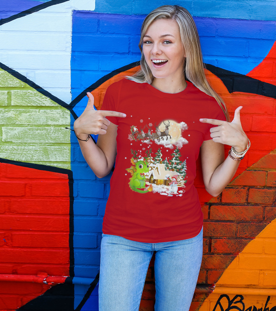 Santa's Sleigh Ride Over Snowy Village With Festive Dragon T-Shirt