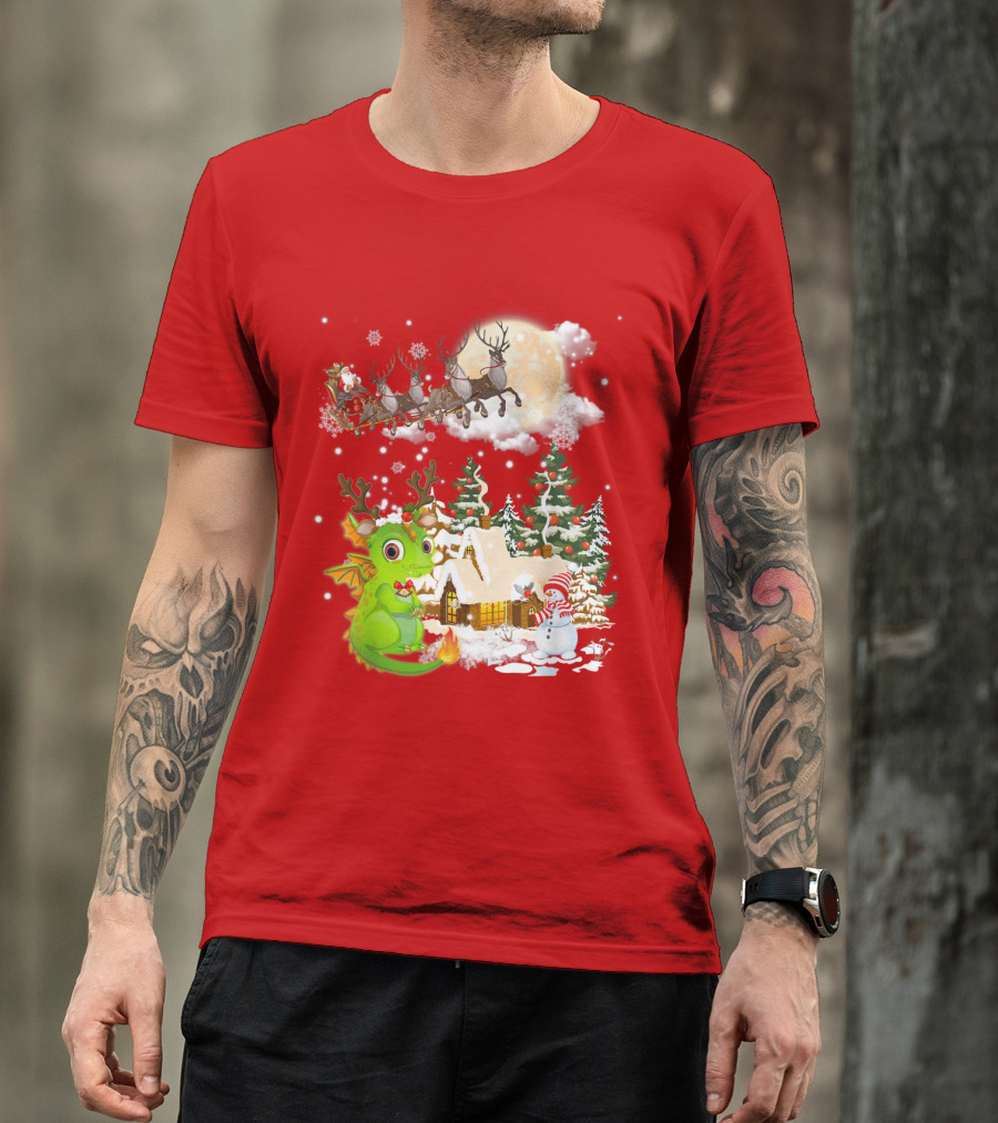 Santa's Sleigh Ride Over Snowy Village With Festive Dragon T-Shirt