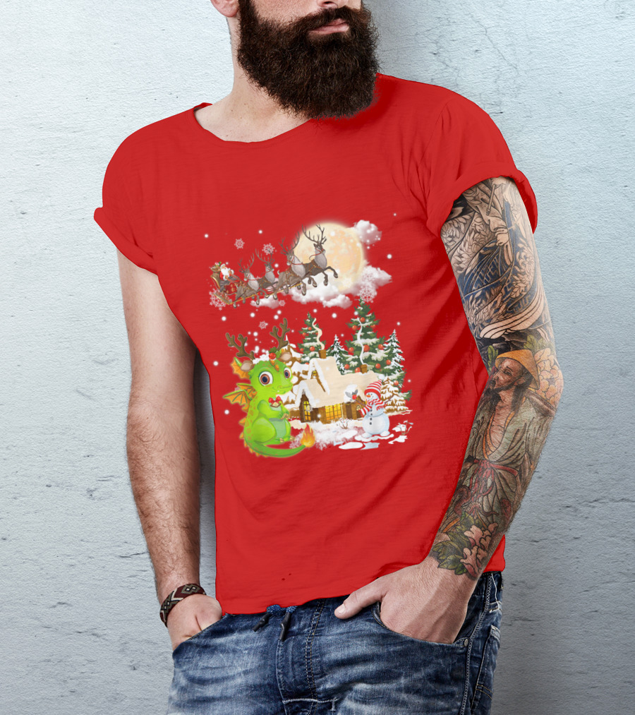 Santa's Sleigh Ride Over Snowy Village With Festive Dragon T-Shirt