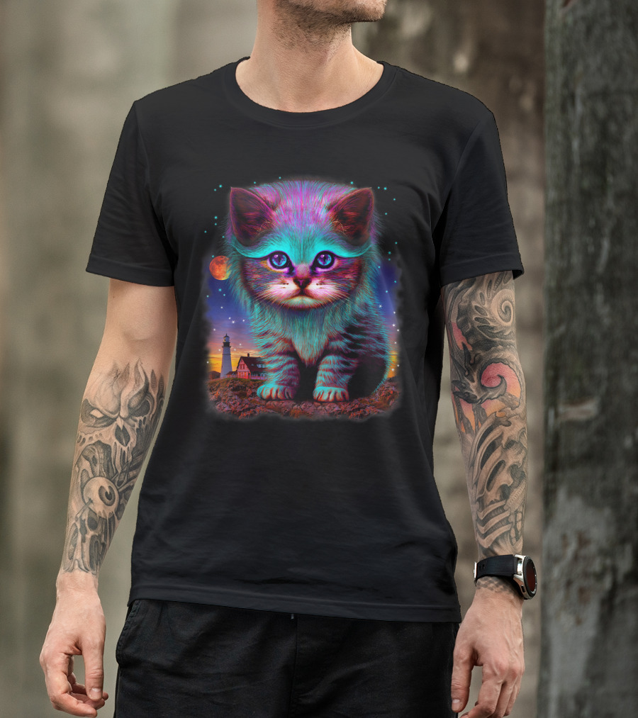 Alien Cat Fantasy Galaxy In Colorful Space With Cute Kitten And Lighthouse Moon Stars T-Shirt