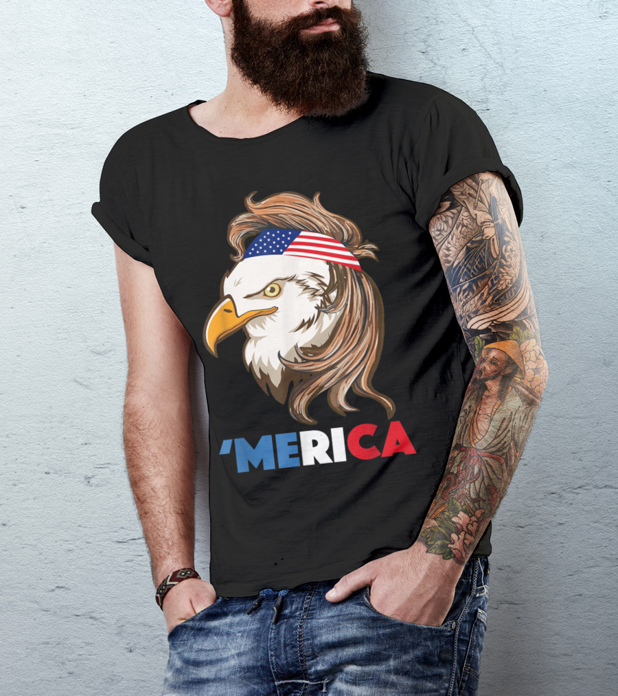 'Merca Bald Eagle Mullet American Flag Headband T-Shirt