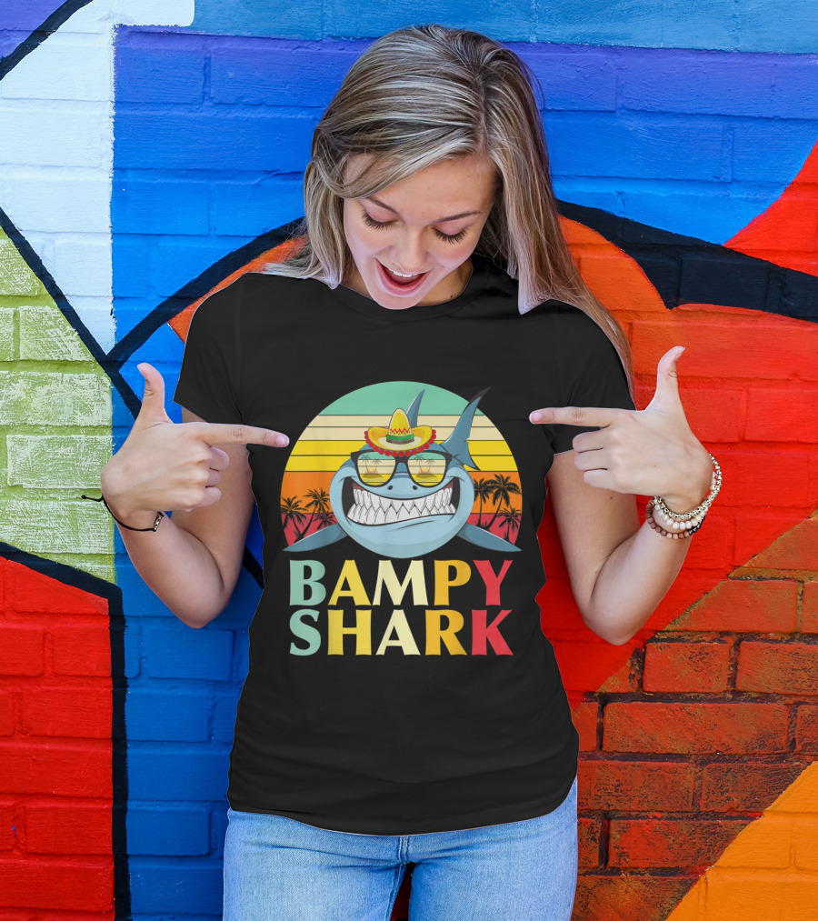 Bampy Shark Grandad From Grandchildren Shark With Sombrero And Sunglasses T-Shirt