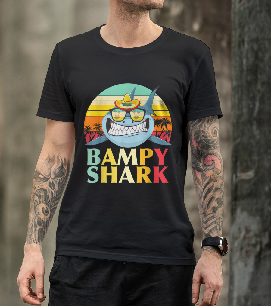 Bampy Shark Grandad From Grandchildren Shark With Sombrero And Sunglasses T-Shirt