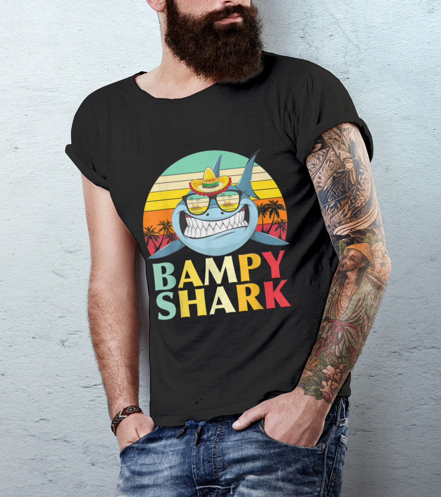 Bampy Shark Grandad From Grandchildren Shark With Sombrero And Sunglasses T-Shirt