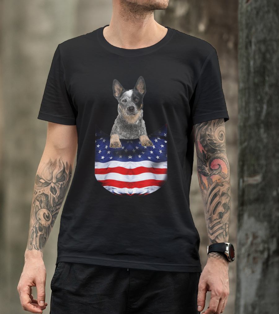 Australian Cattle Dog Pocket Funny American Flag Dog T-Shirt