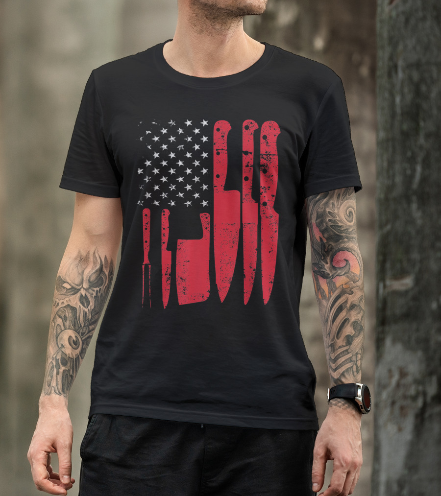 American Flag Stars Butcher Knife Set Vintage Look T-Shirt