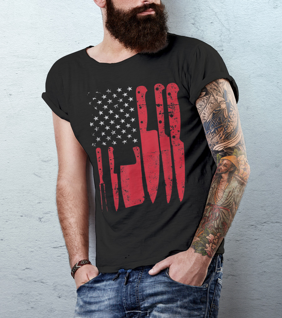 American Flag Stars Butcher Knife Set Vintage Look T-Shirt