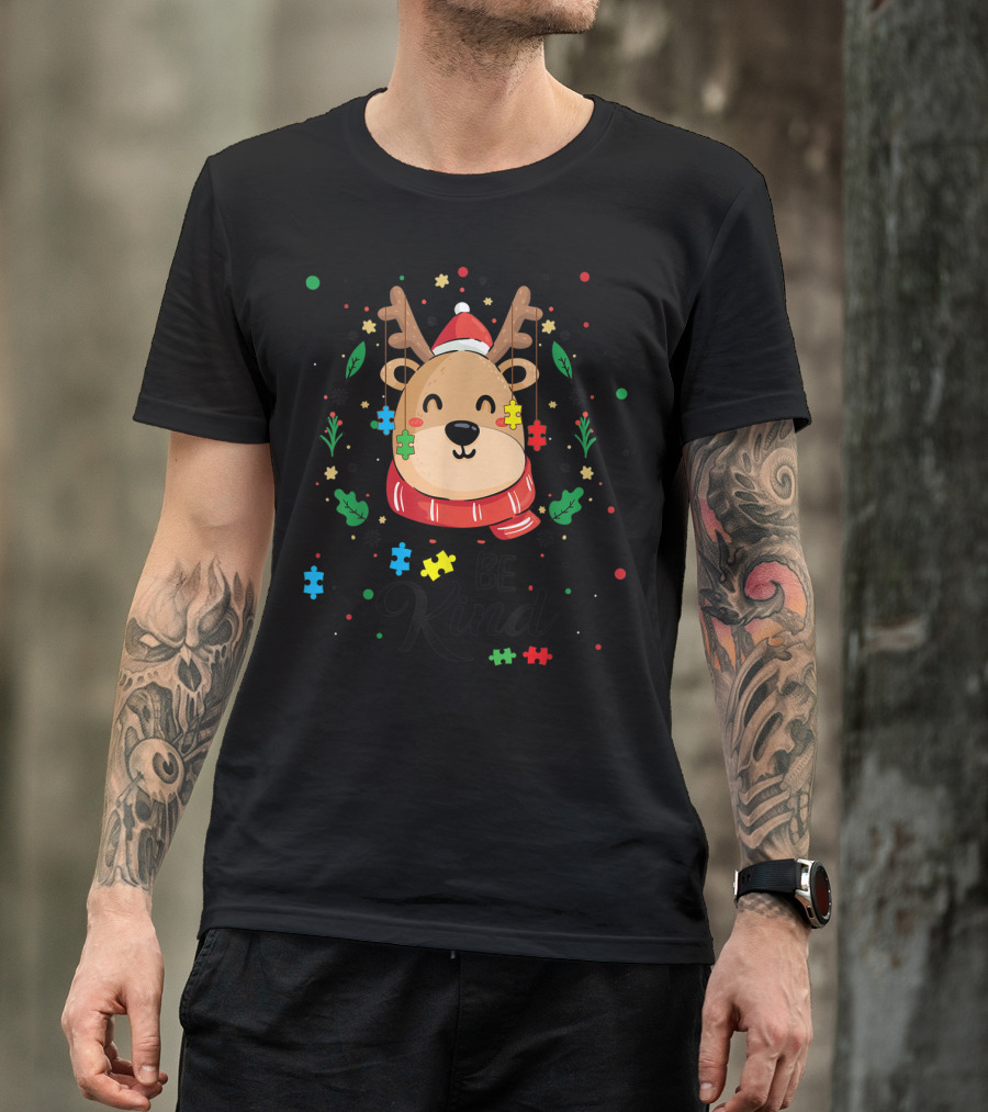 Be Kind Reindeer With Santa Hat And Colorful Puzzle Pieces Autism T-Shirt