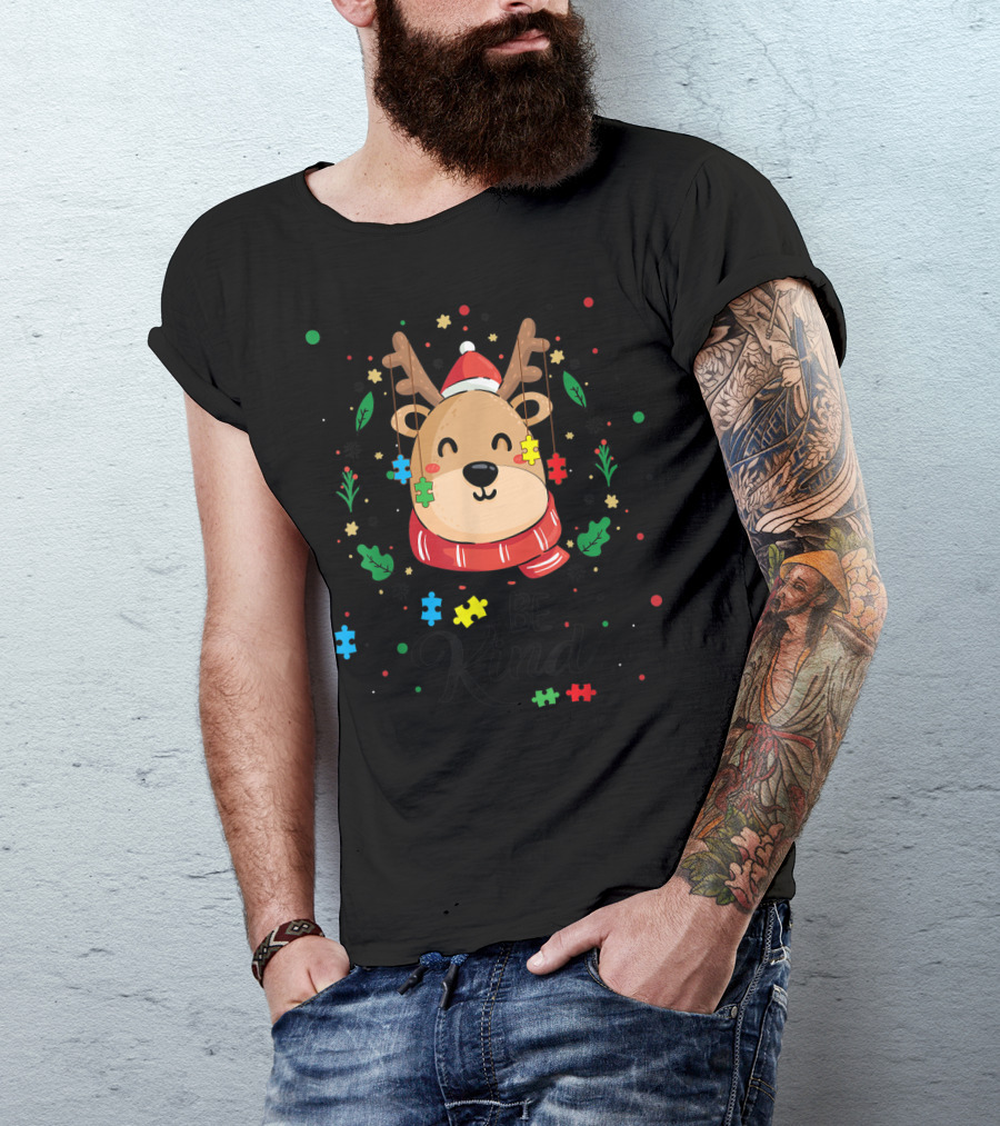 Be Kind Reindeer With Santa Hat And Colorful Puzzle Pieces Autism T-Shirt