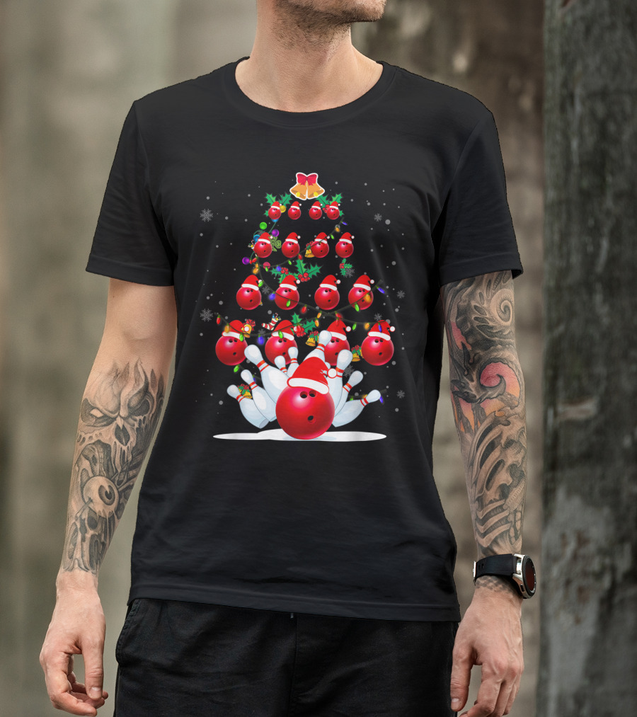 Bowling Ball Christmas Tree With Santa Hats And Snowflakes T-Shirt