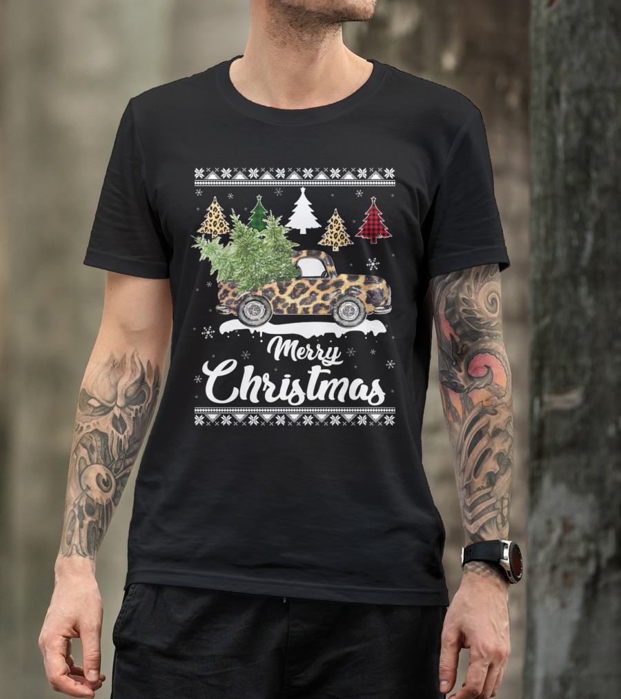 Merry Christmas Leopard Truck Plaid Trees Snowflakes T-Shirt