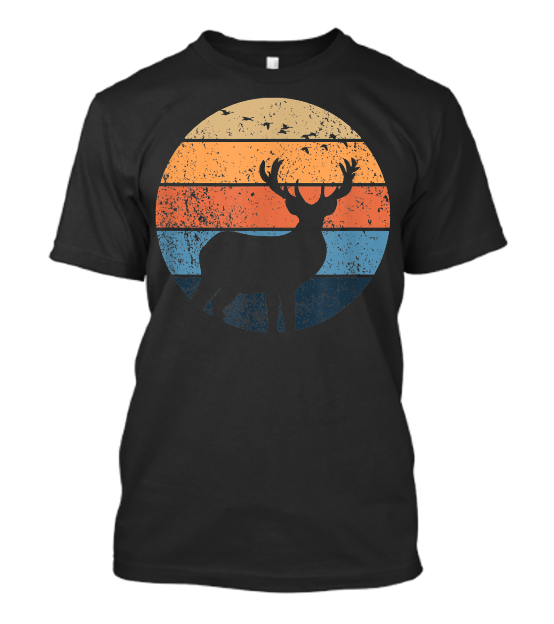 Deer Silhouette Retro Sunset With Flying Birds T-Shirt