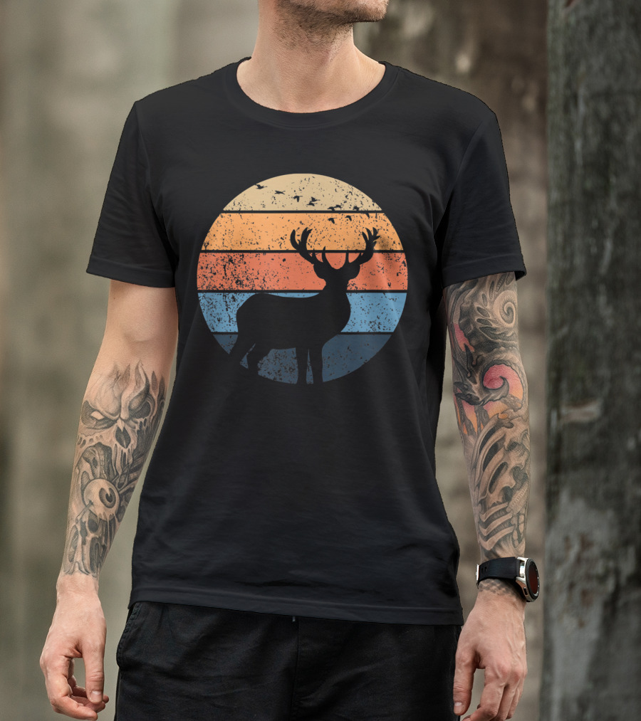 Deer Silhouette Retro Sunset With Flying Birds T-Shirt