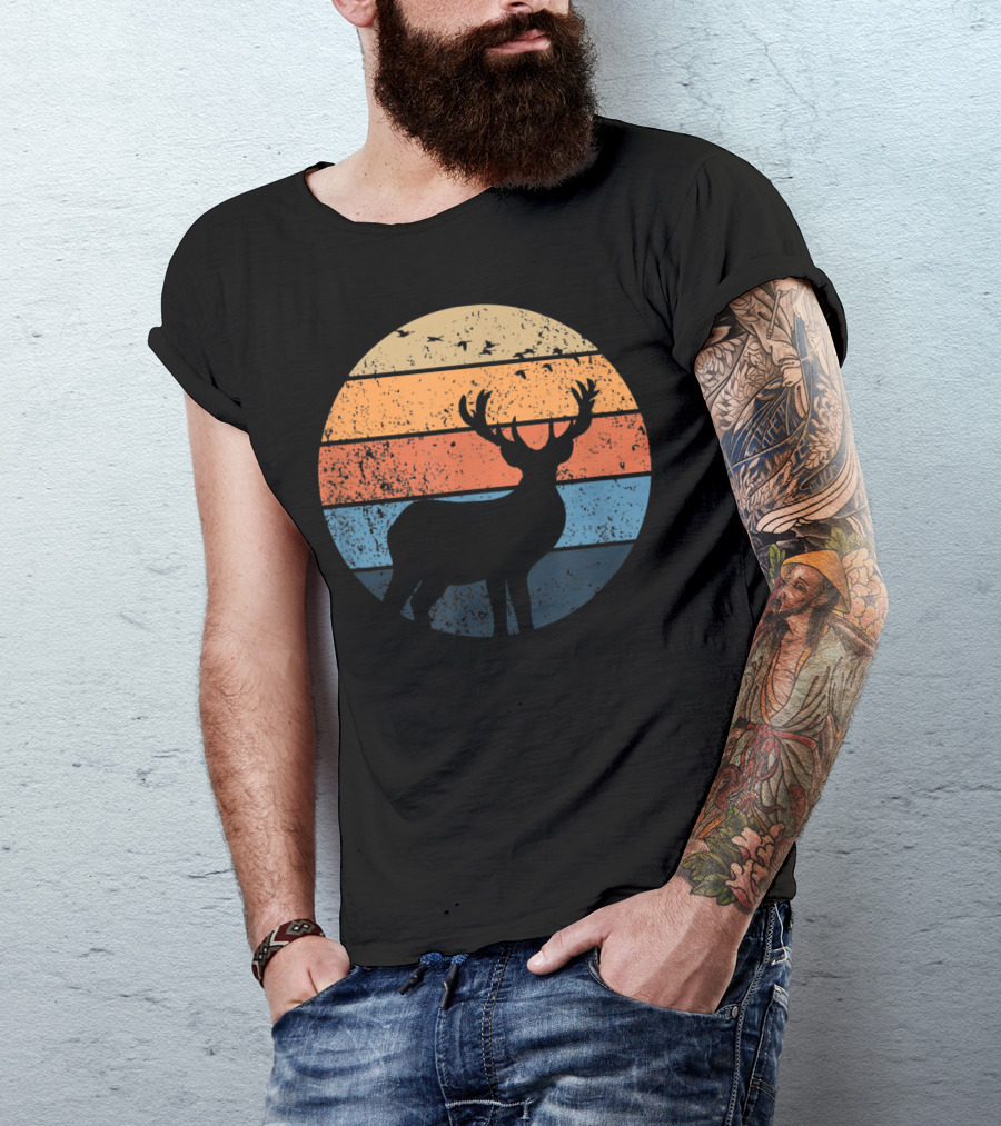 Deer Silhouette Retro Sunset With Flying Birds T-Shirt