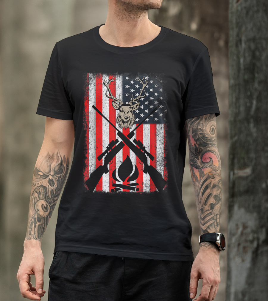 Patriotic Deer Hunting With American Flag And Rifles T-Shirt