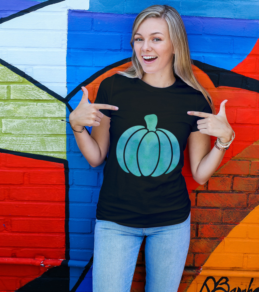 Fall Teal Pumpkin Girl Watercolor T-Shirt