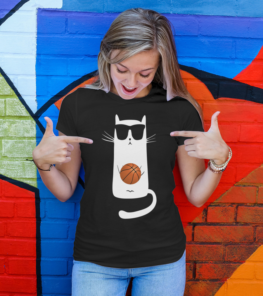 Humorous Sunglass-Wearing Cat With Basketball In Whimsical Pose T-Shirt