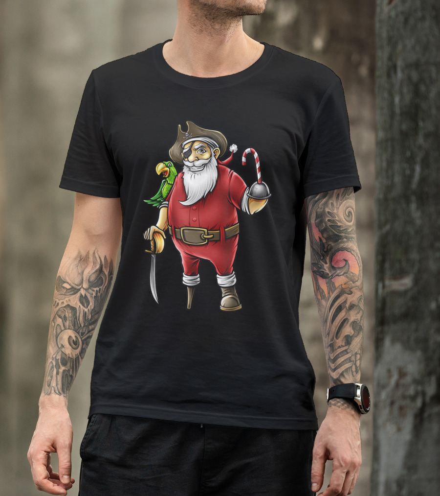 Funny Christmas Pirate Santa With Candy Cane Hook Hand And Parrot T-Shirt