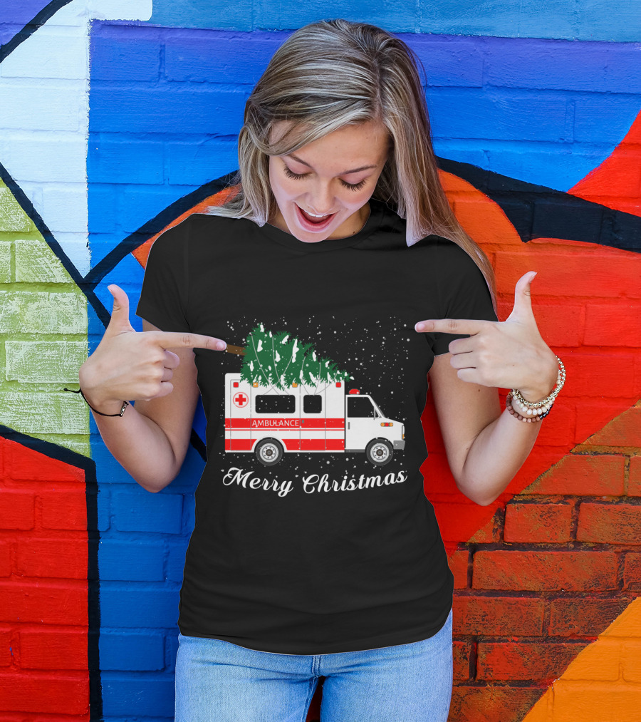 Merry Christmas Ambulance Carrying Christmas Tree In Snowfall T-Shirt