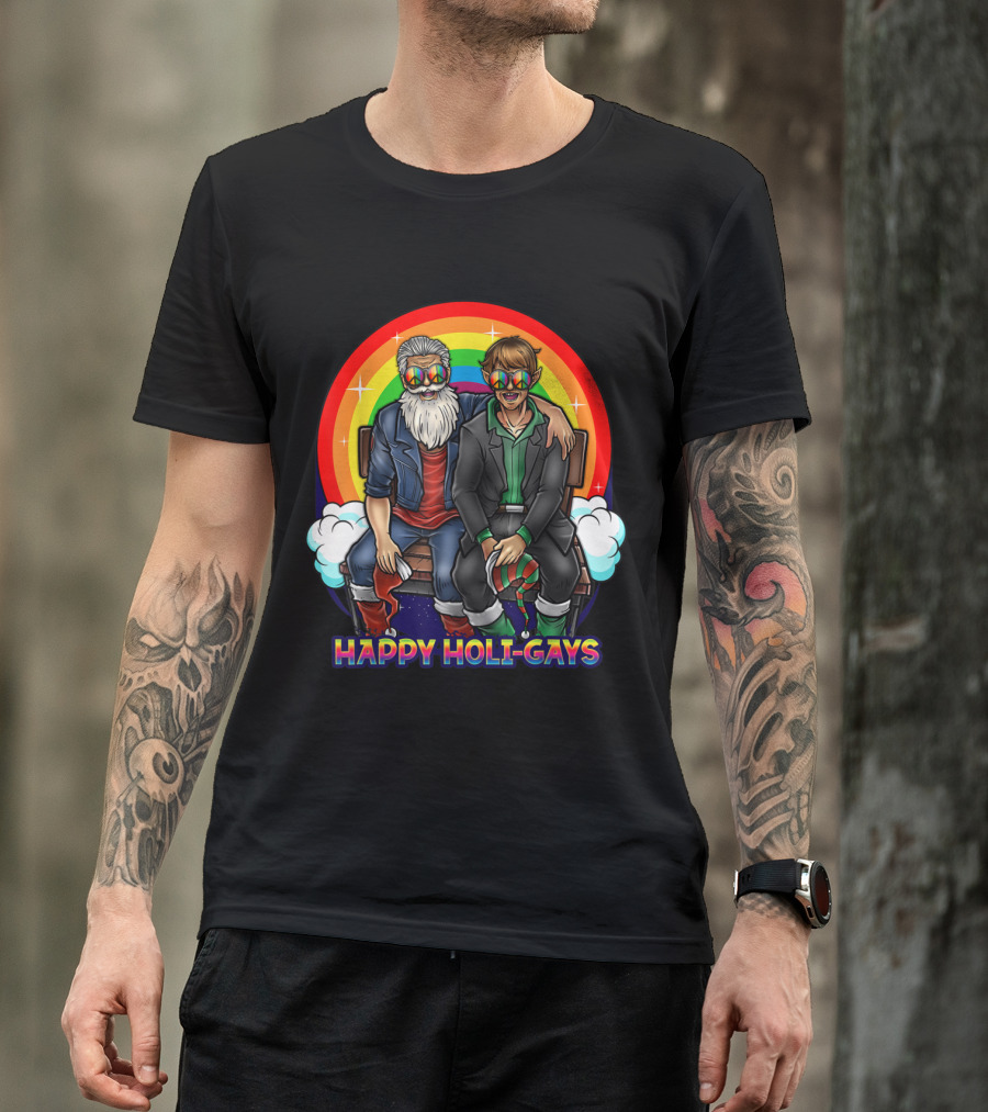 Happy Holi-Gays Funny Rainbow Santa And Elf Christmas T-Shirt