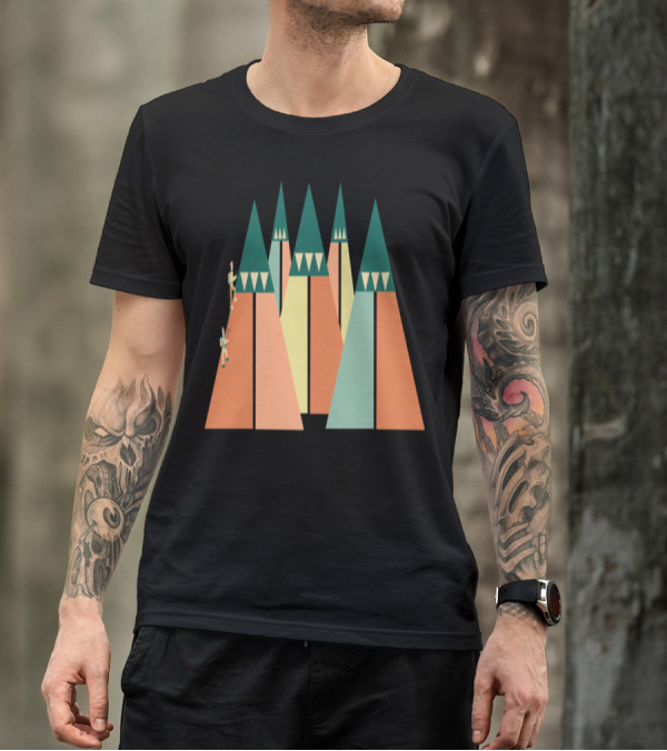 Geometric Mountain Adventure With Climbers In A Vibrant Triangle Landscape T-Shirt