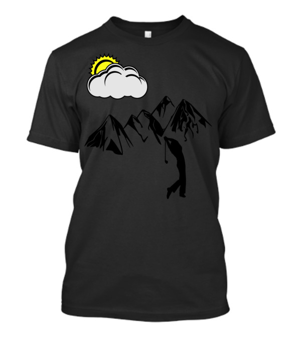 Golfers Swinging With Mountain Peaks And Sunlit Clouds T-Shirt